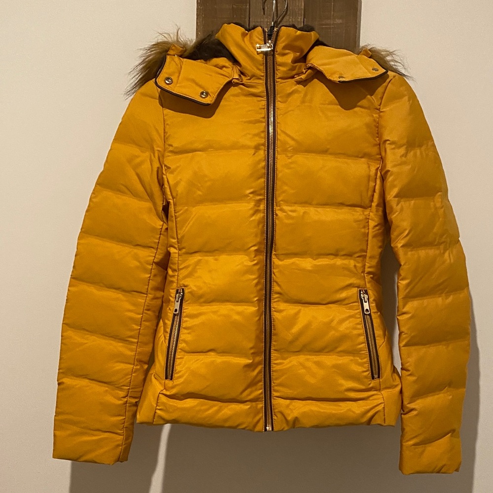 Zara Mustard Puffer Jacket with Fur Trim